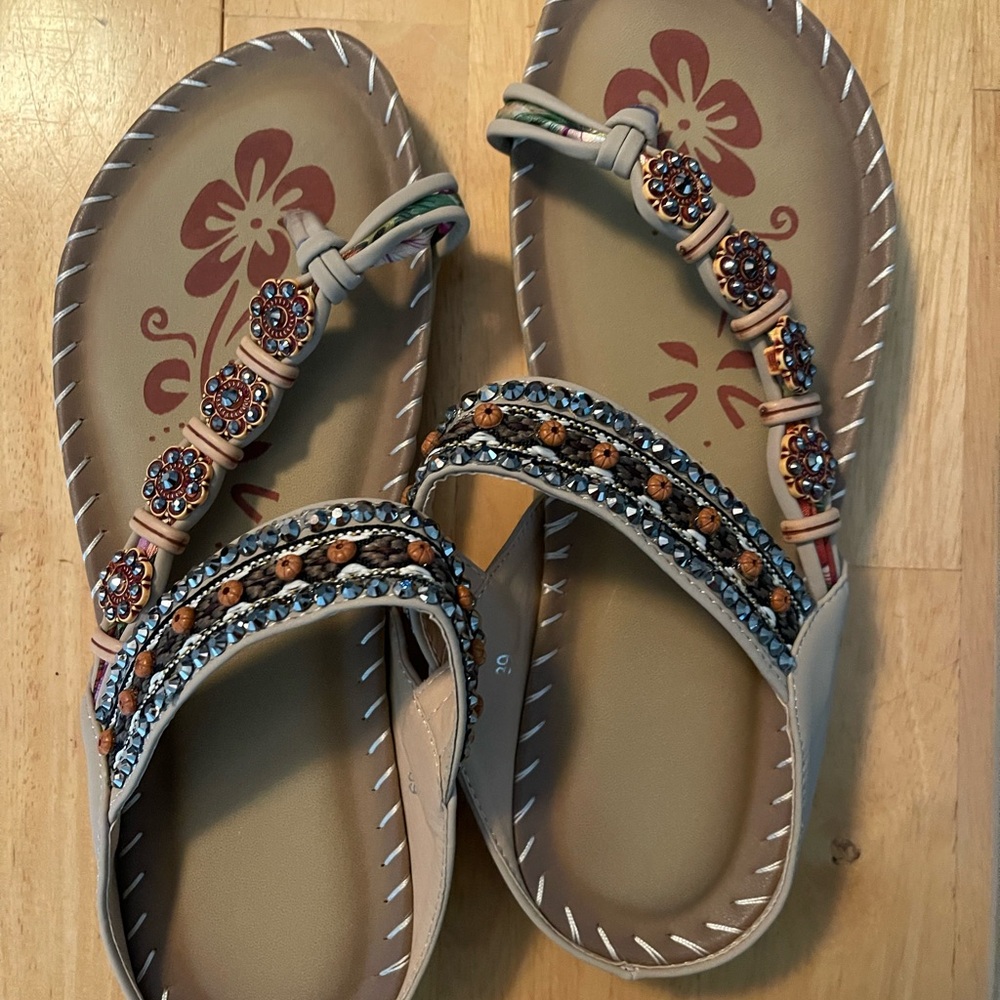 Open-toed Tan Sandals with beaded/rhinestone accents